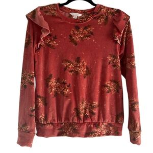 LC Lauren Conrad Fleece Sweater XS Ruffle Floral Puff Sleeves EUC